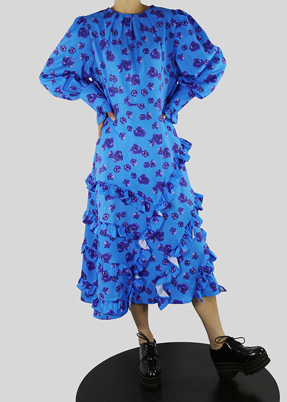 Blue O-neck Tie Waist Ruffled Print Dress Spring