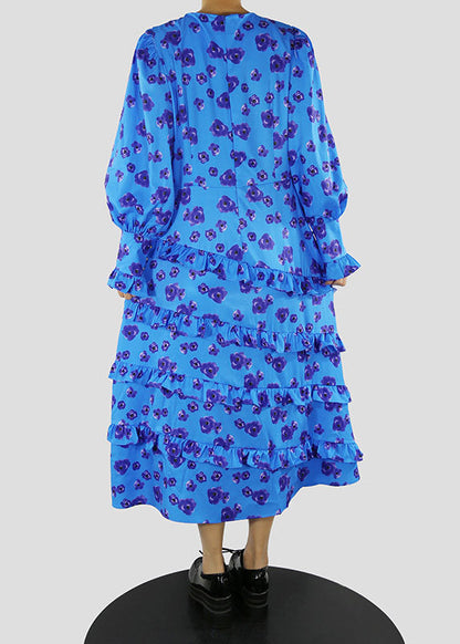 Blue O-neck Tie Waist Ruffled Print Dress Spring