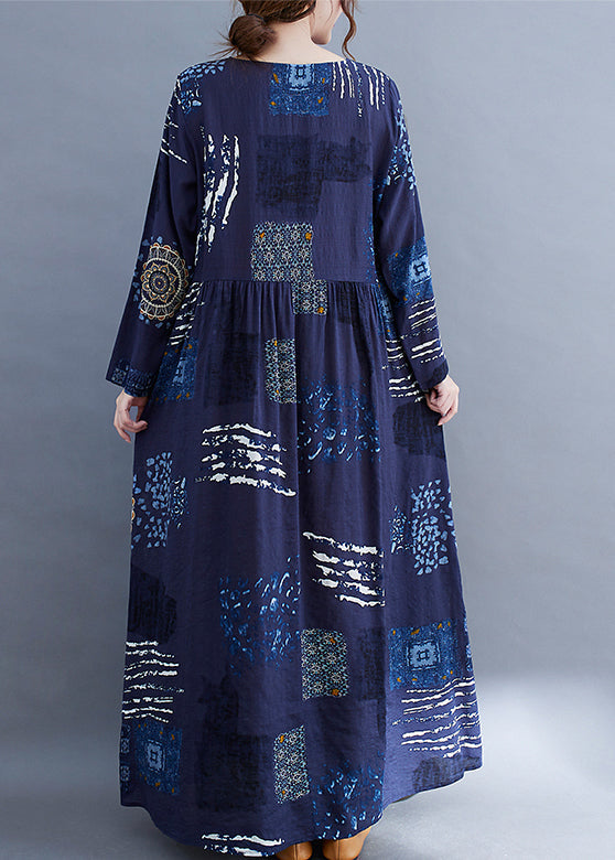Blue O-neck Wrinkled Print Vacation Dresses Long Sleeve