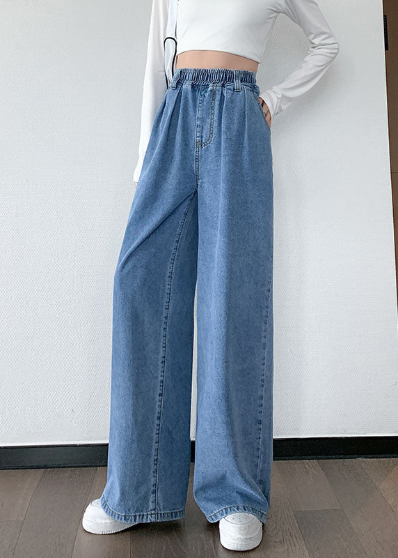 Blue Original Design Elastic Waist Pockets Cotton Denim Wide Leg Pants Summer