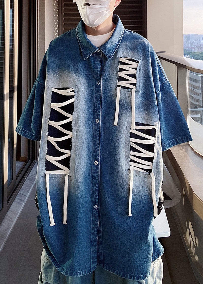 Blue Original Design Patchwork Shirts Half Sleeve