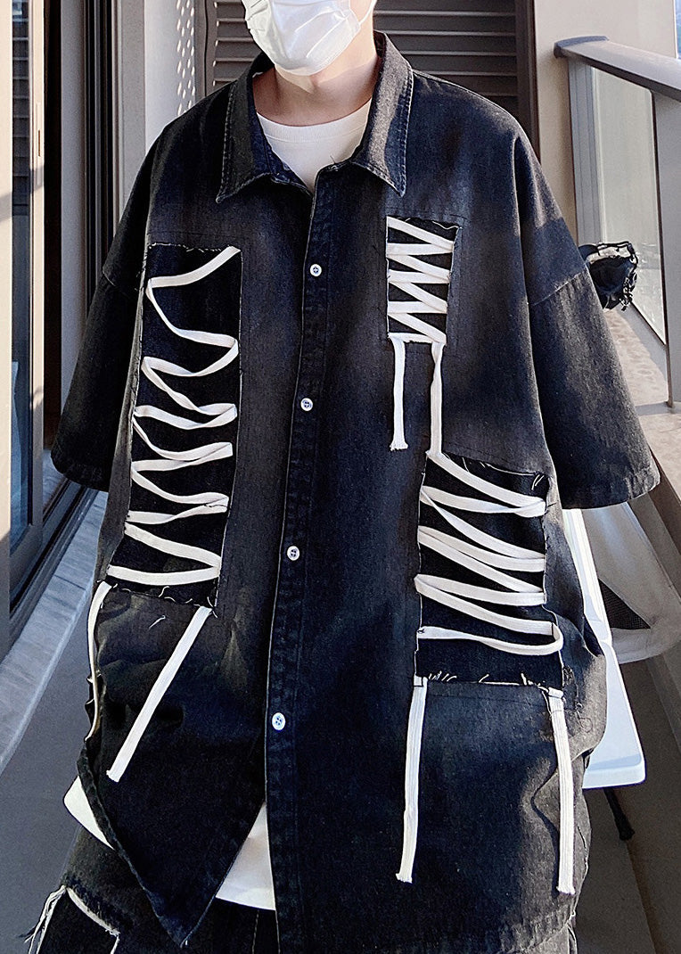 Blue Original Design Patchwork Shirts Half Sleeve