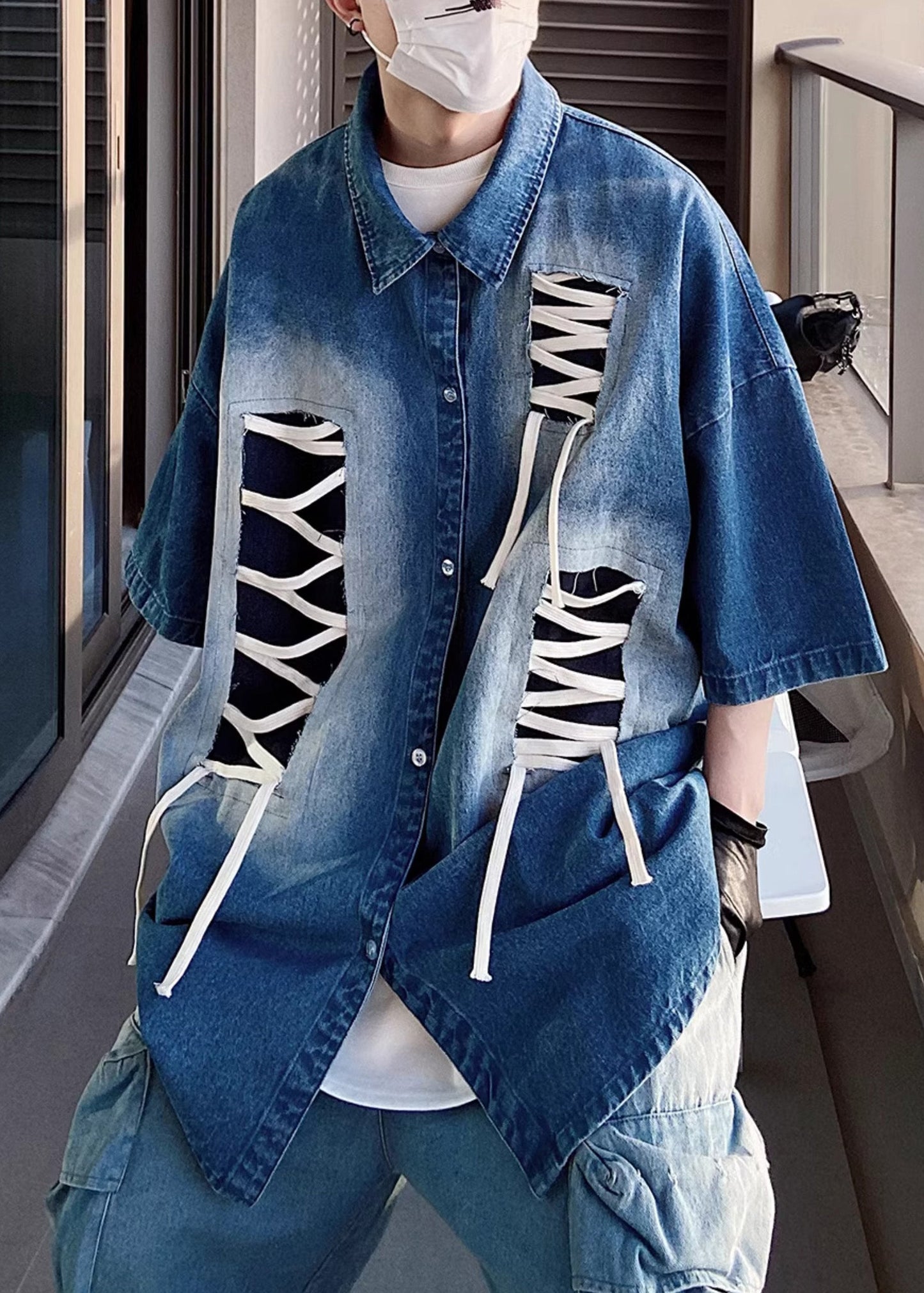 Blue Original Design Patchwork Shirts Half Sleeve