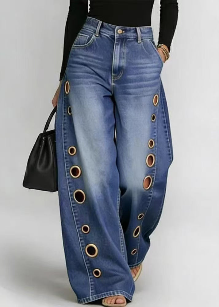 Blue Oversized Hollow Out Denim Wide Leg Pants Fall