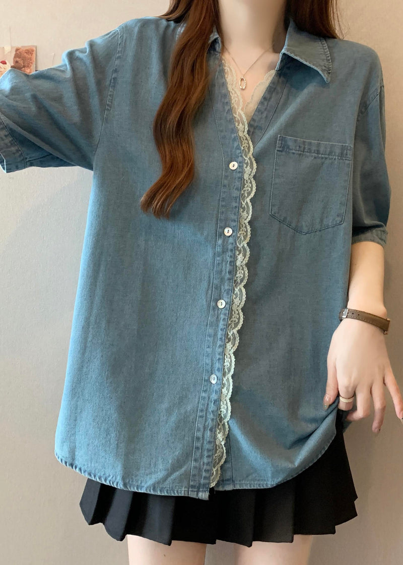 Blue Oversized Lace Patchwork Denim Shirts Summer