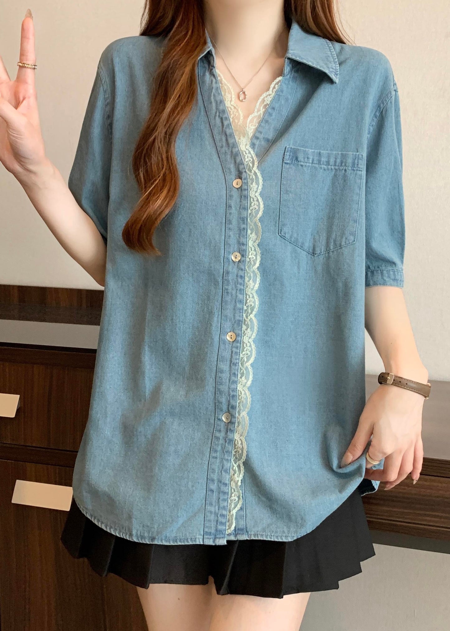 Blue Oversized Lace Patchwork Denim Shirts Summer