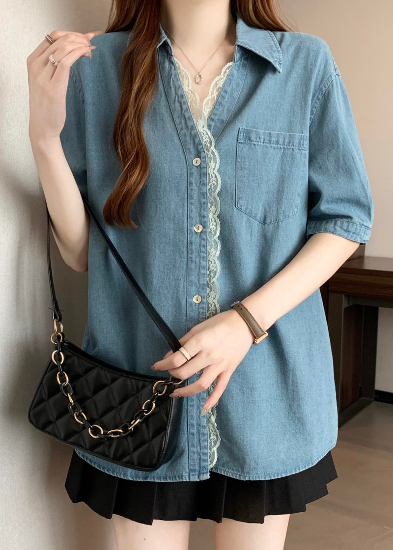 Blue Oversized Lace Patchwork Denim Shirts Summer