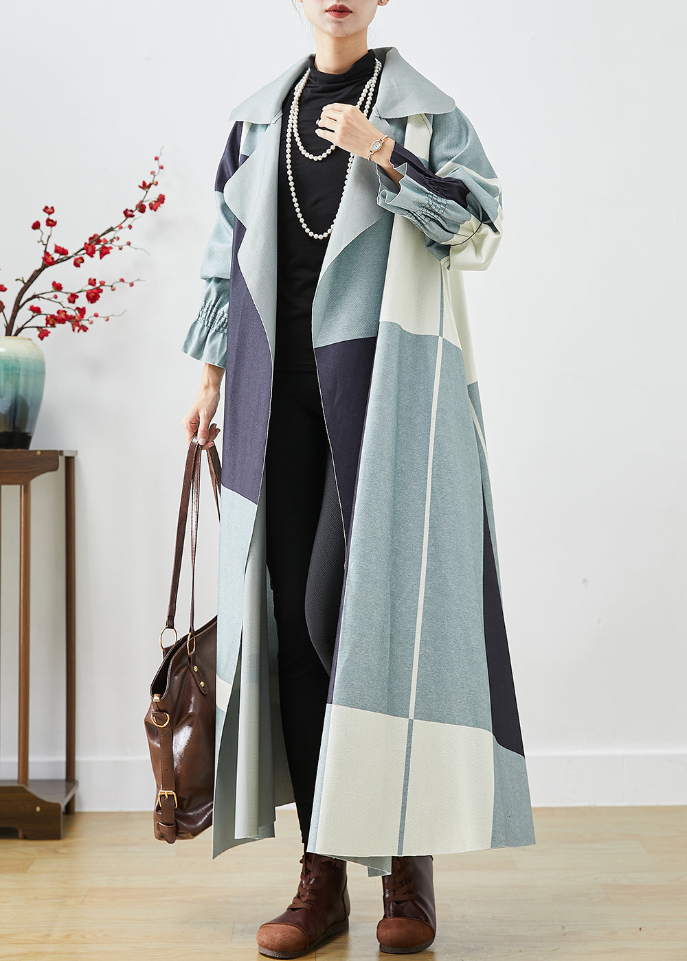 Blue Oversized Patchwork Cotton Trench Fall