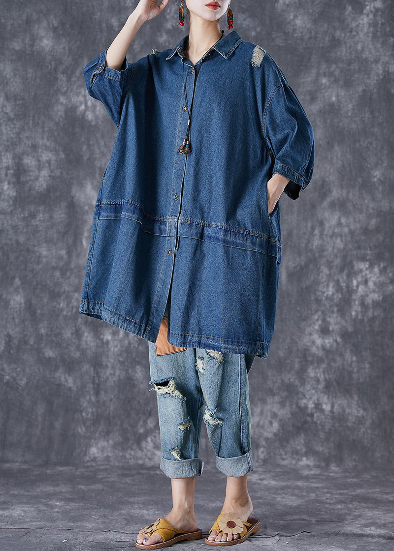Blue Oversized Patchwork Denim Ripped Trench Coats Fall