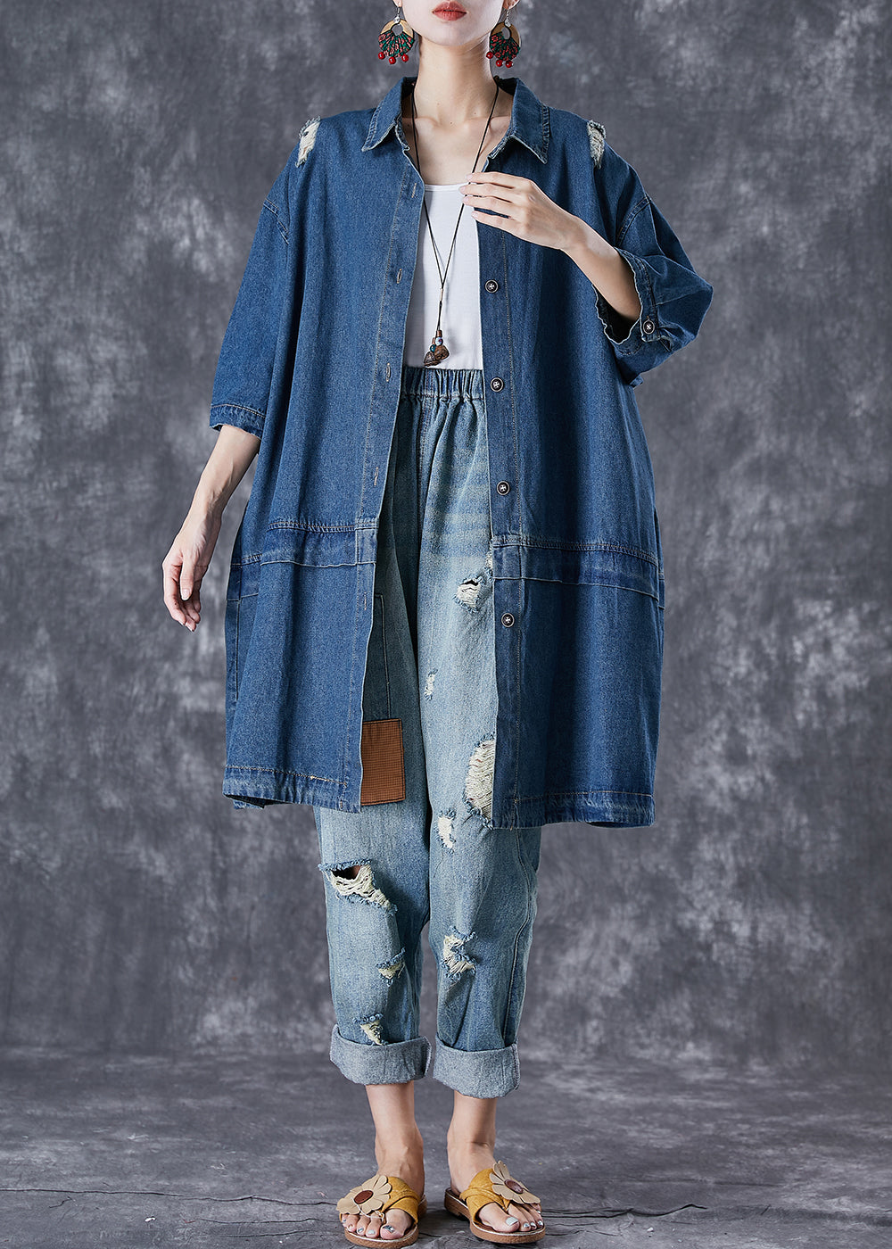 Blue Oversized Patchwork Denim Ripped Trench Coats Fall