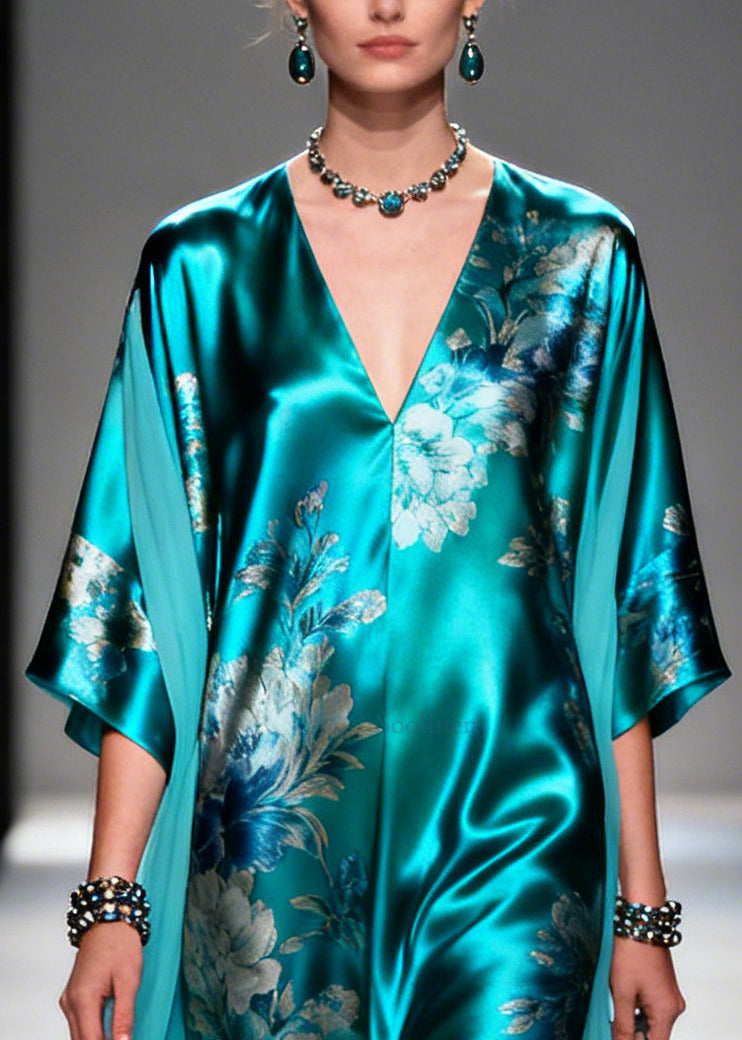 Blue Oversized Patchwork Print Silk Holiday Dress Summer