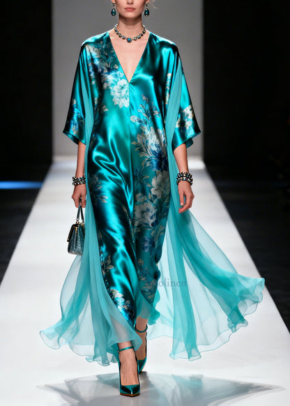 Blue Oversized Patchwork Print Silk Holiday Dress Summer