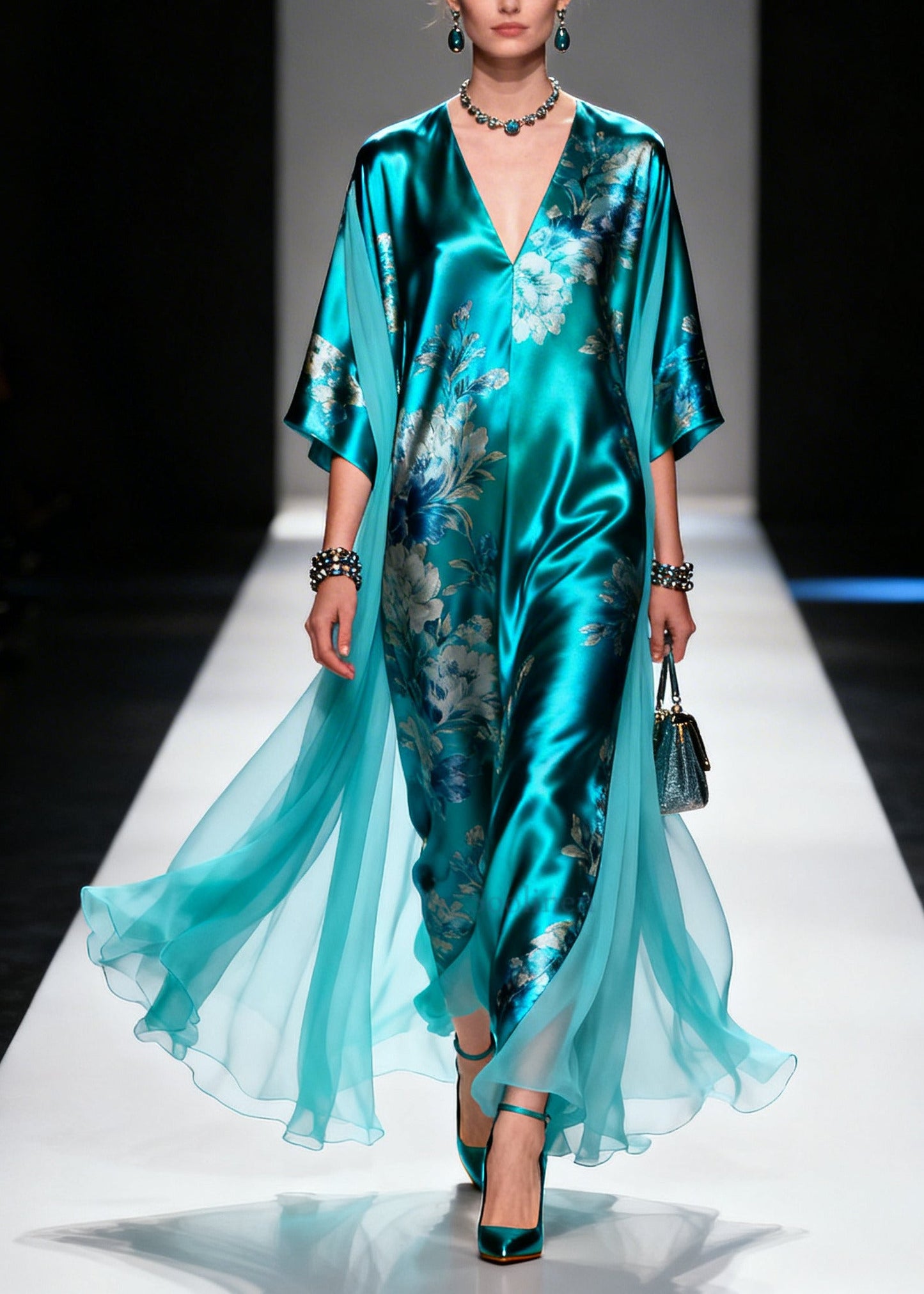 Blue Oversized Patchwork Print Silk Holiday Dress Summer