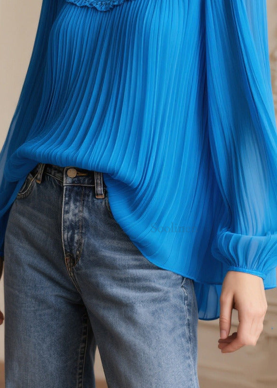 Plus Size Blue Oversized Patchwork Wrinkled Chiffon Blouses Spring
