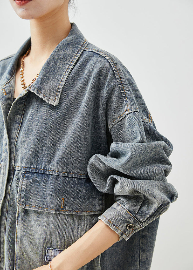 Blue Oversized Pockets Applique Denim Coats Fall