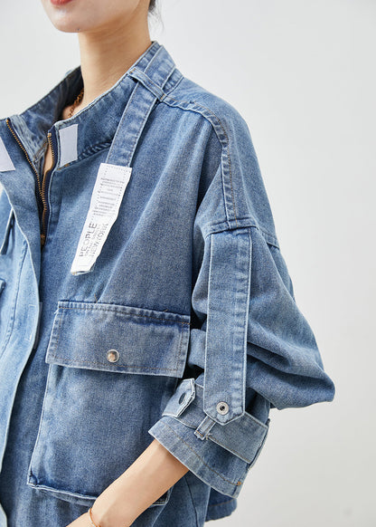 Blue Oversized Pockets Denim Coat Fall