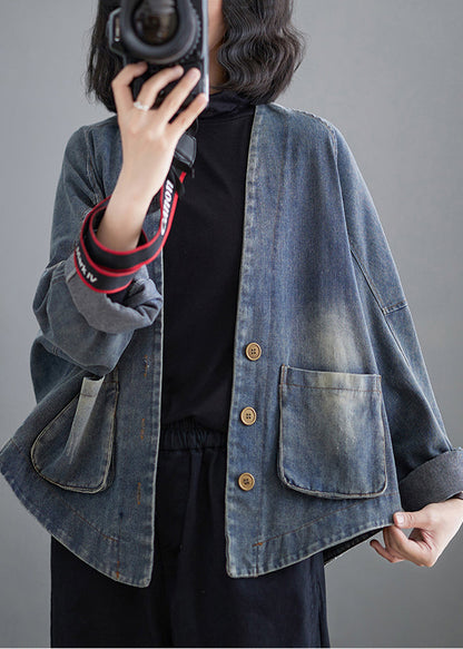 Blue Oversized Pockets Denim Coat Outwear Spring