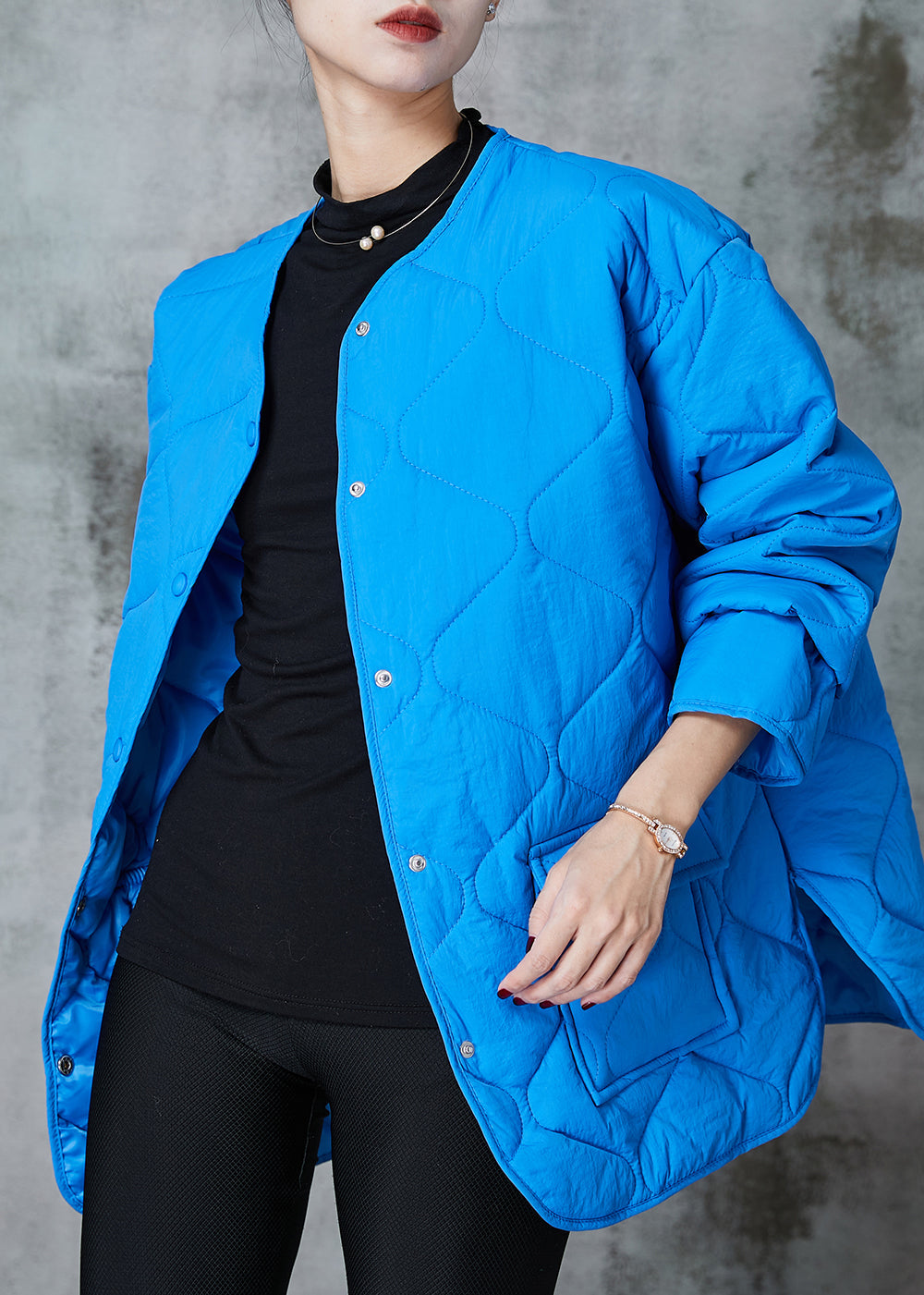 Blue Oversized Pockets Fine Cotton Filled Coats Spring