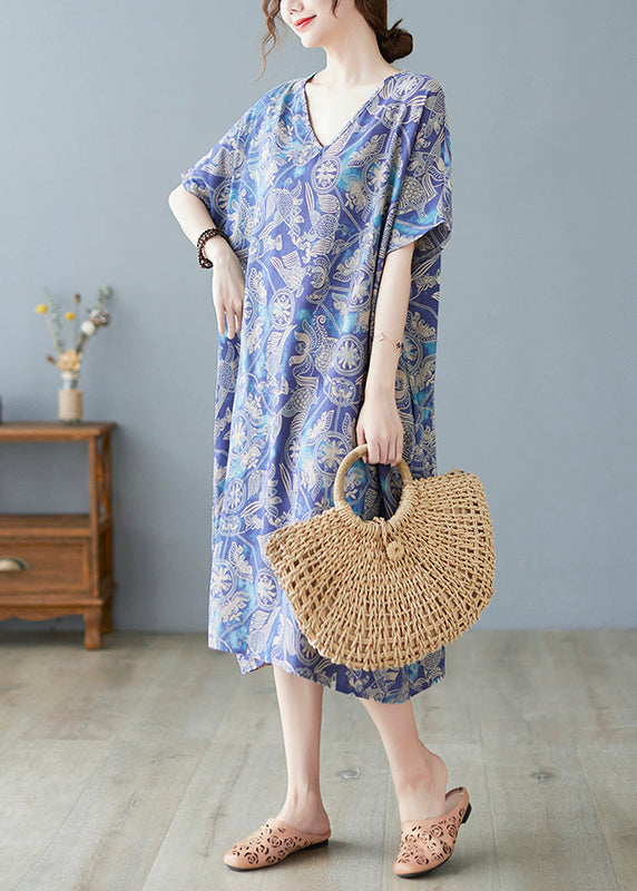 Blue Oversized Print Cotton Beach Dress Summer