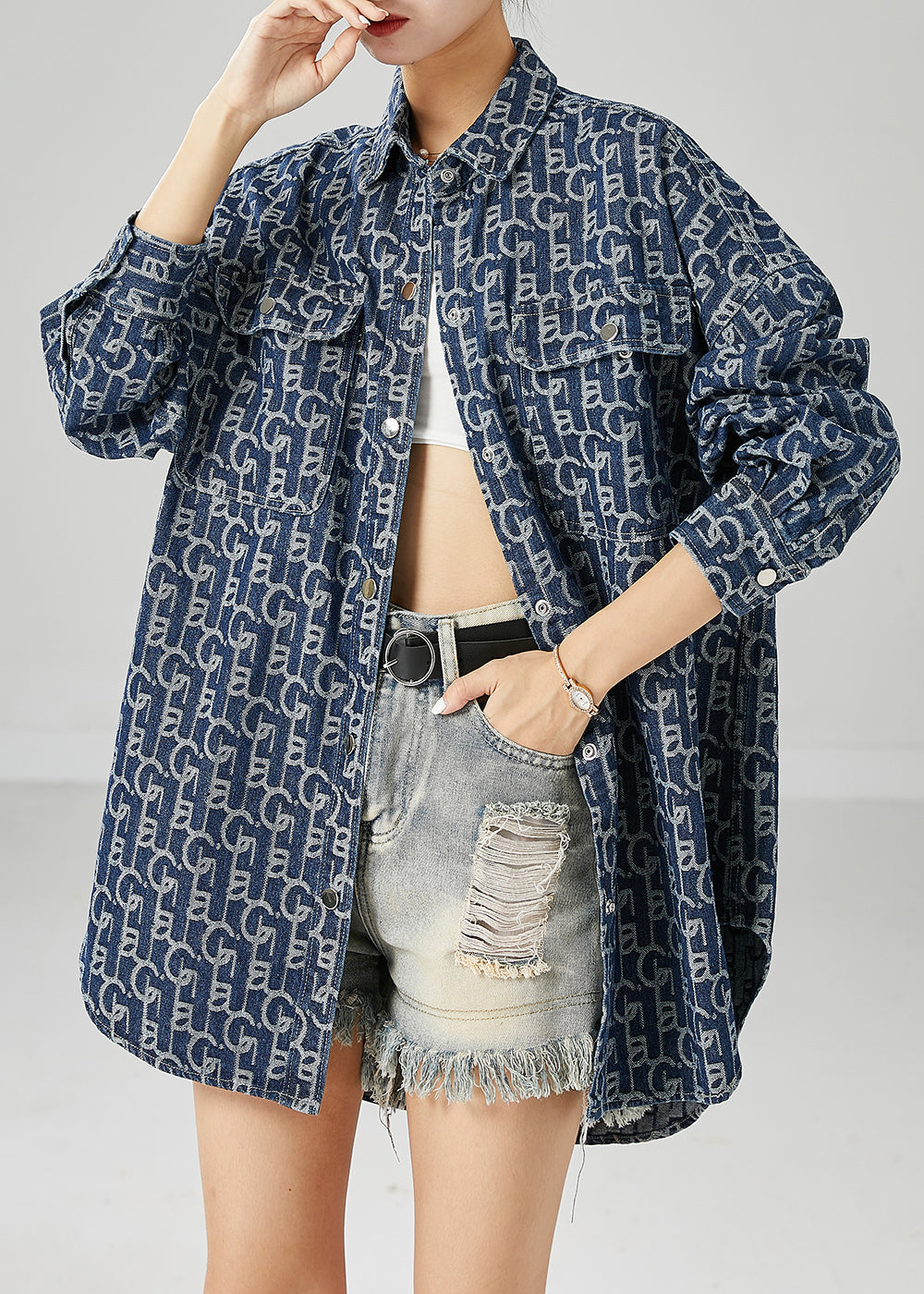Blue Oversized Print Denim Coat Outwear Fall