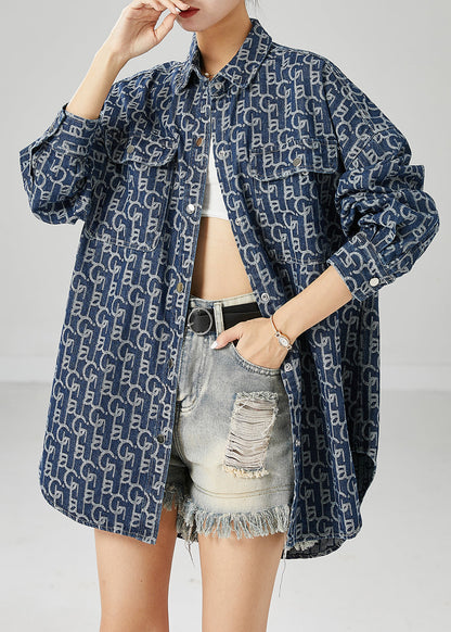 Blue Oversized Print Denim Coat Outwear Fall