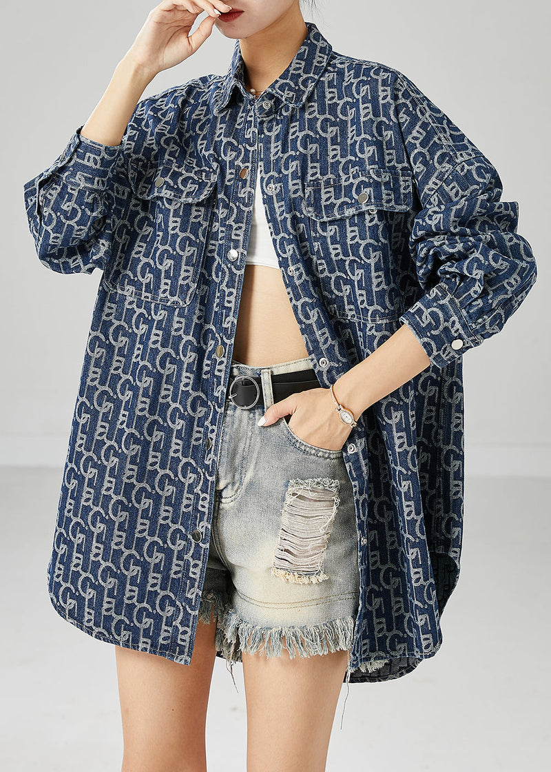Blue Oversized Print Denim Coat Outwear Fall