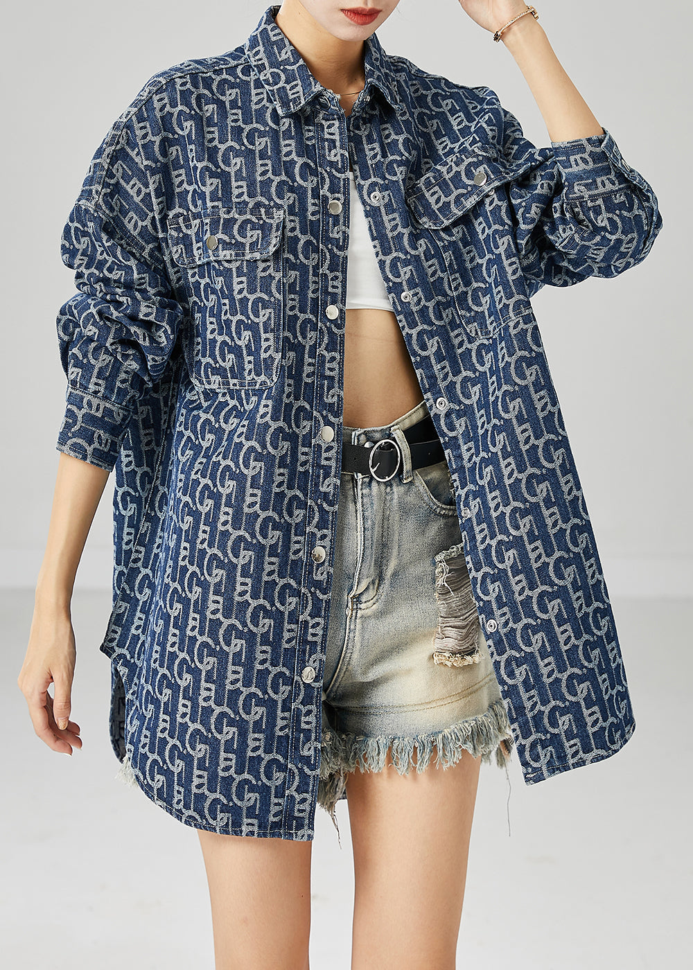 Blue Oversized Print Denim Coat Outwear Fall