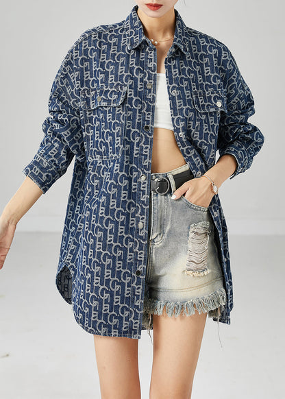Blue Oversized Print Denim Coat Outwear Fall