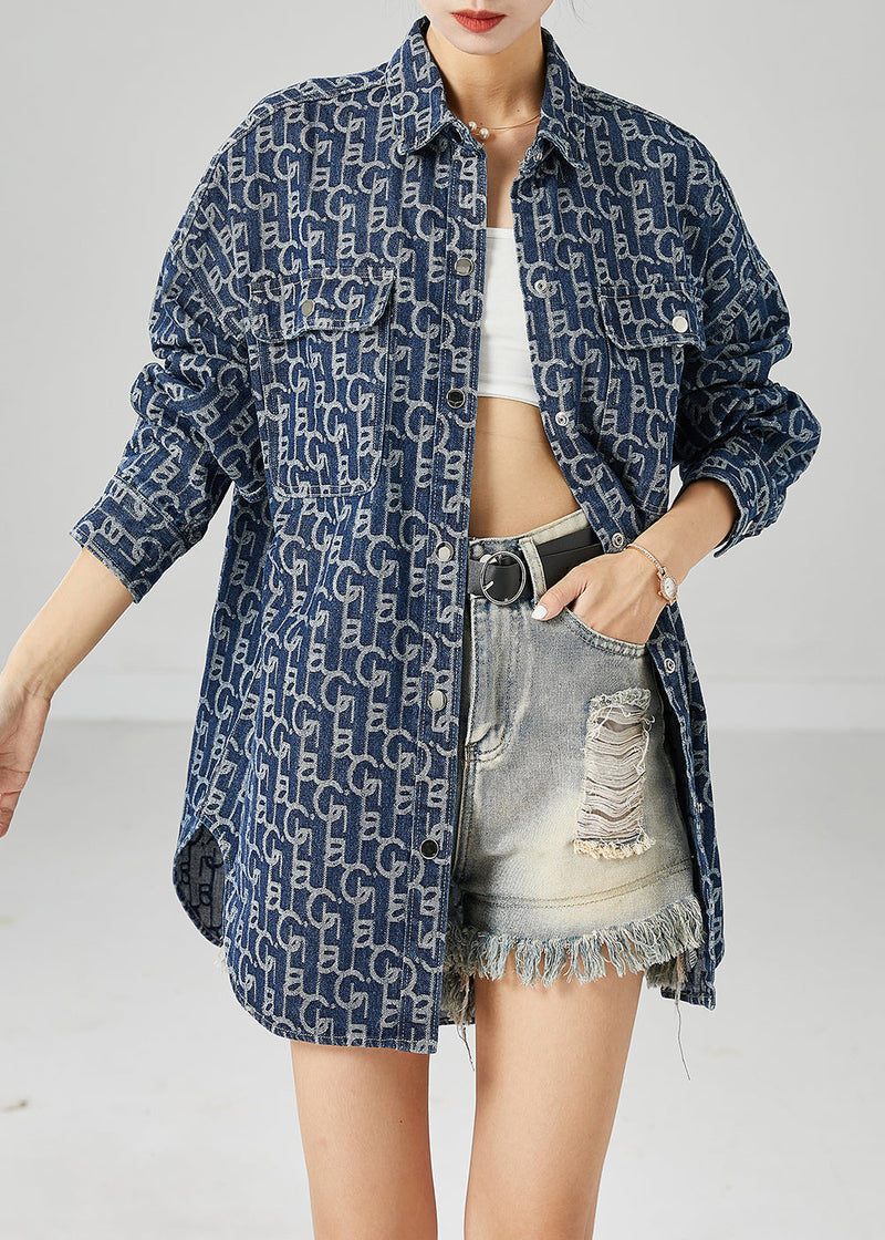 Blue Oversized Print Denim Coat Outwear Fall