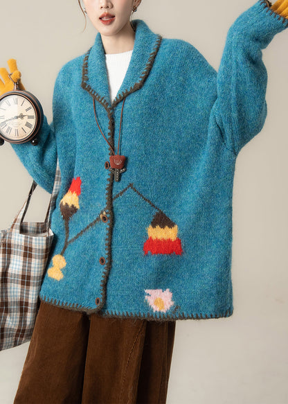 Blue Oversized Print Knit Loose Jacket Winter