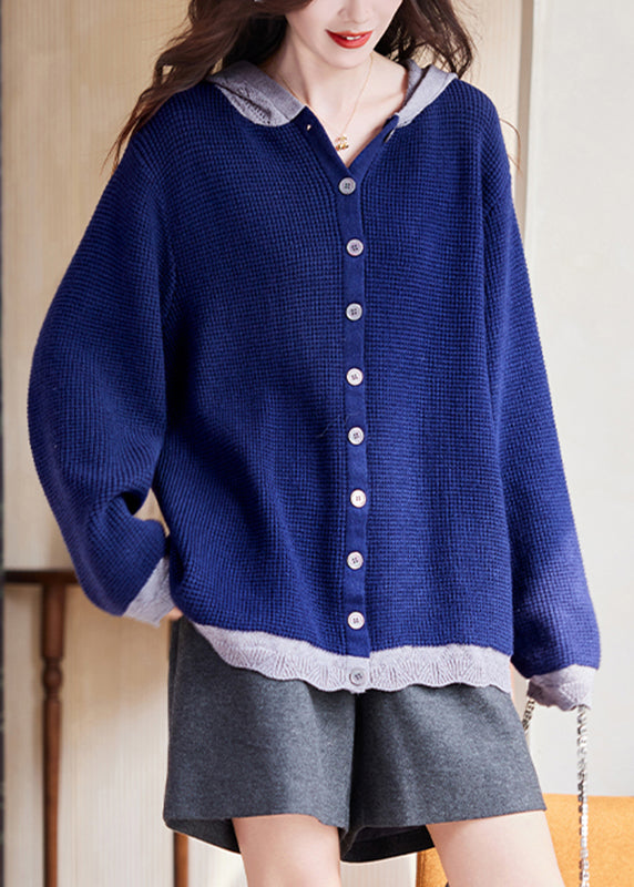 Blue Patchwork Button Cotton Hooded Knit Cardigan Fall