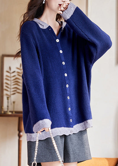 Blue Patchwork Button Cotton Hooded Knit Cardigan Fall