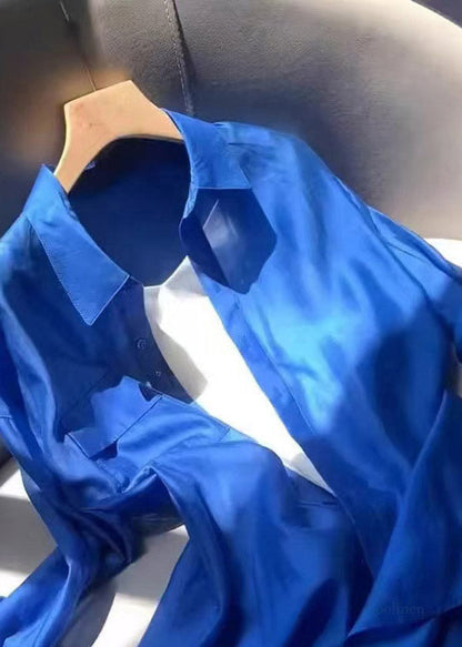 Plus Size Blue Patchwork Button Solid Shirts Lantern Sleeve