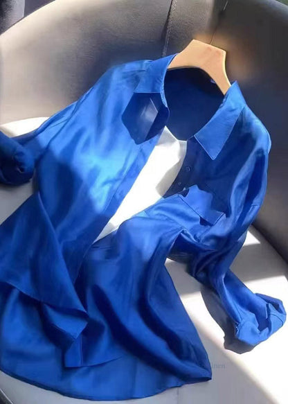 Plus Size Blue Patchwork Button Solid Shirts Lantern Sleeve