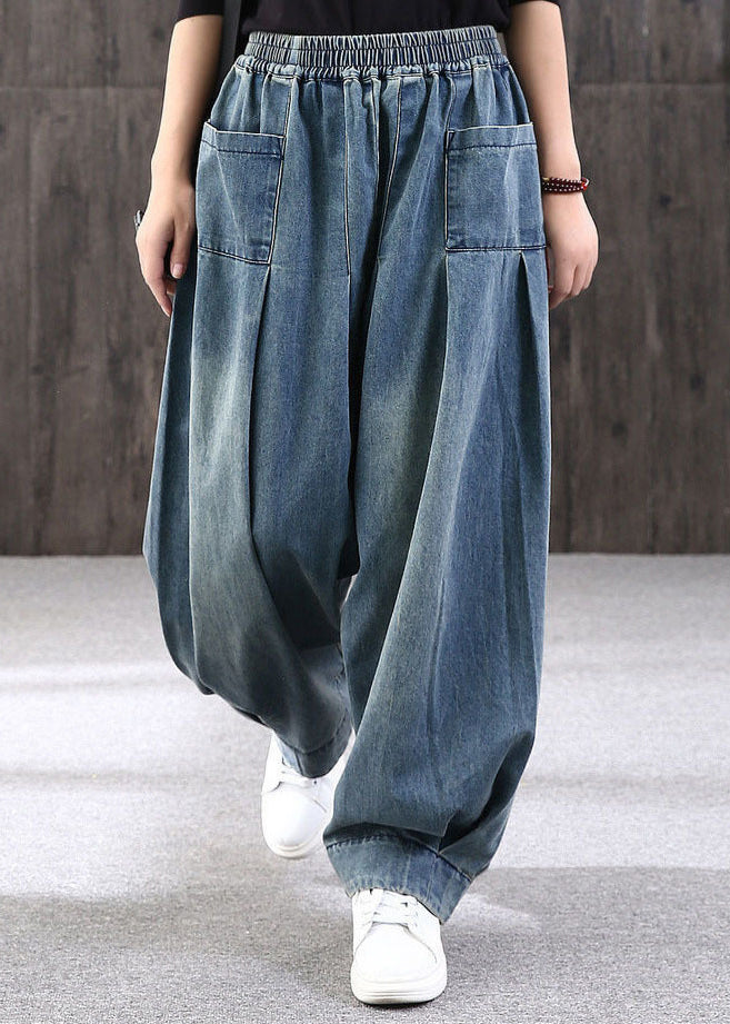 Blue Patchwork Pockets Denim Lantern Pants Summer
