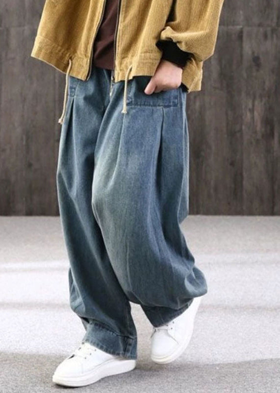 Blue Patchwork Pockets Denim Lantern Pants Summer
