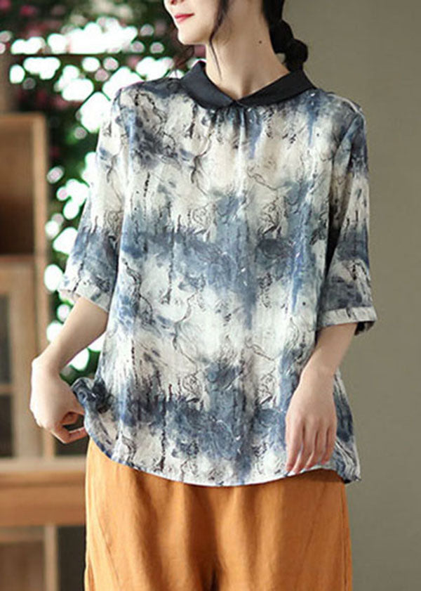 Blue Peter Pan Collar Button Linen Shirt Tops Half Sleeve