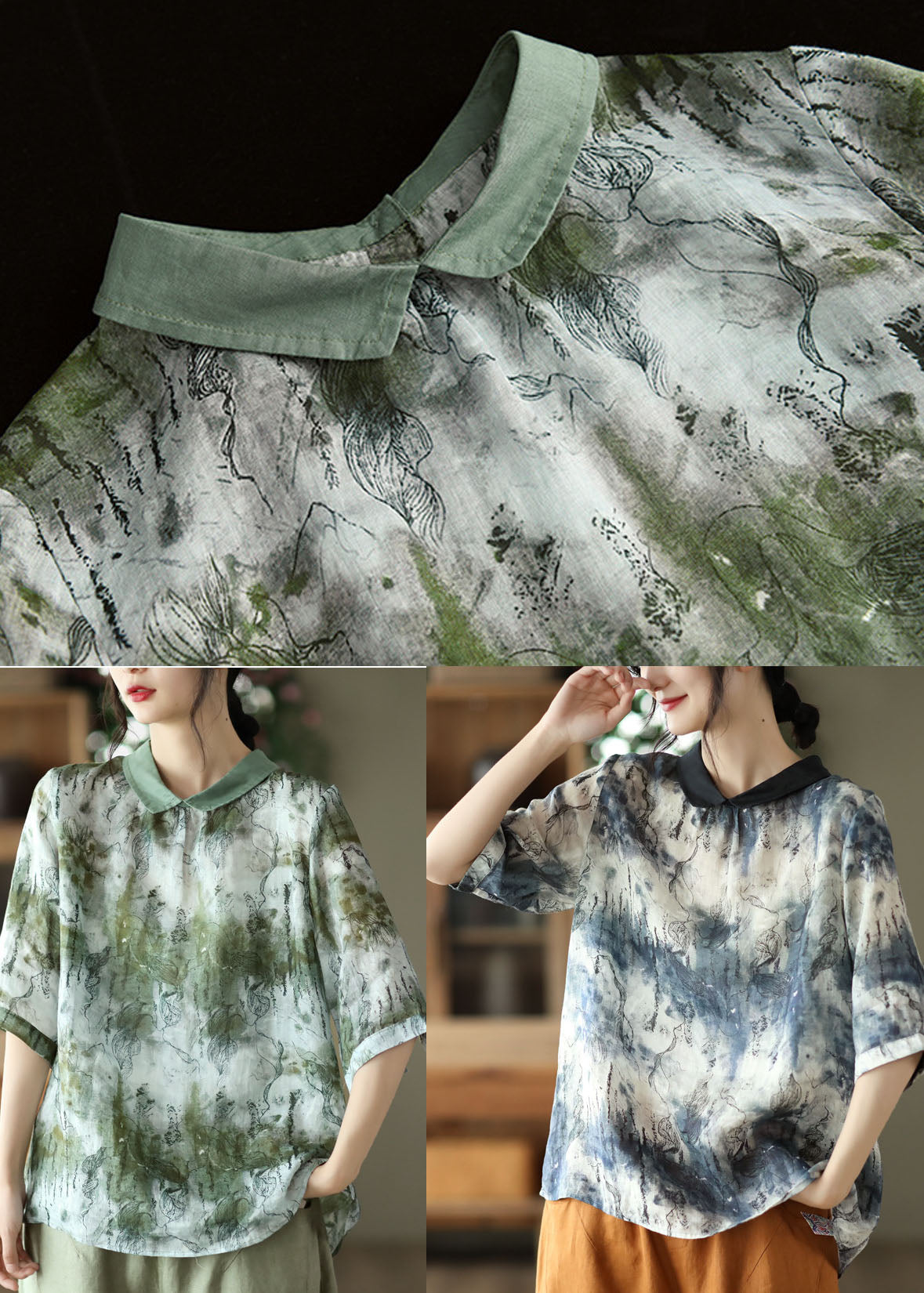 Blue Peter Pan Collar Button Linen Shirt Tops Half Sleeve