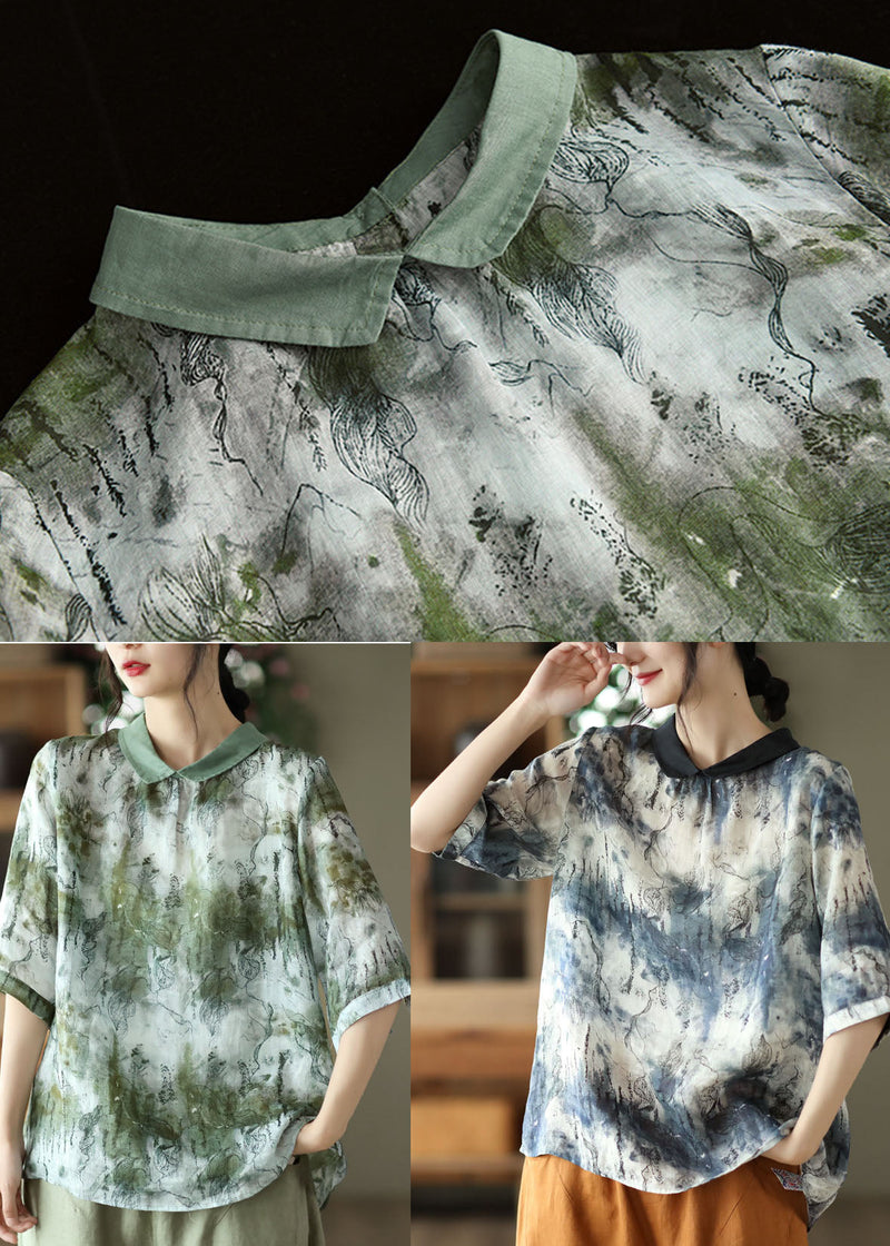 Blue Peter Pan Collar Button Linen Shirt Tops Half Sleeve