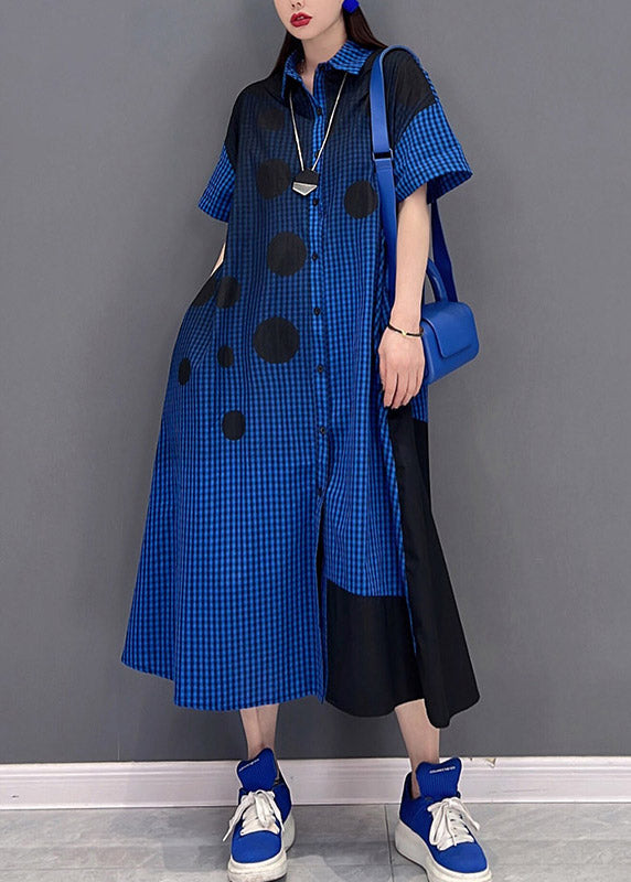 Blue Peter Pan Collar Button Plaid Shirt Dress Short Sleeve