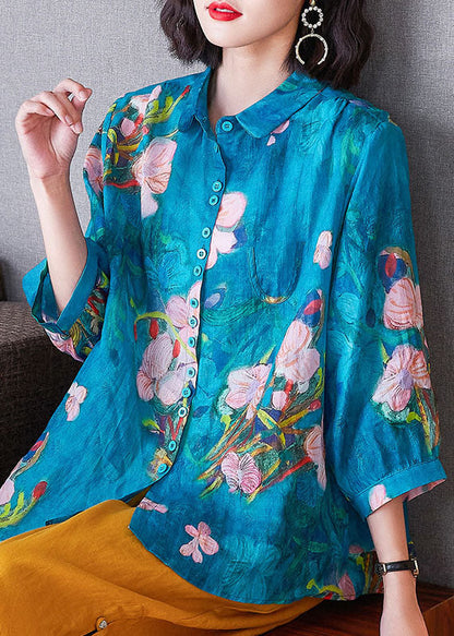 Blue Peter Pan Collar Button Print Linen Shirts Tops Bracelet Sleeve