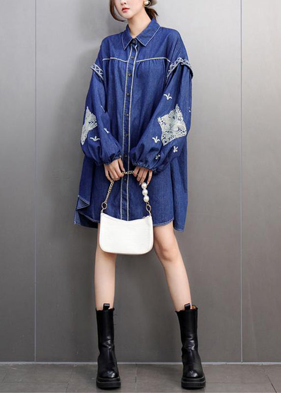 Blue Peter Pan Collar Embroidered Denin Long Shirts Lantern Sleeve
