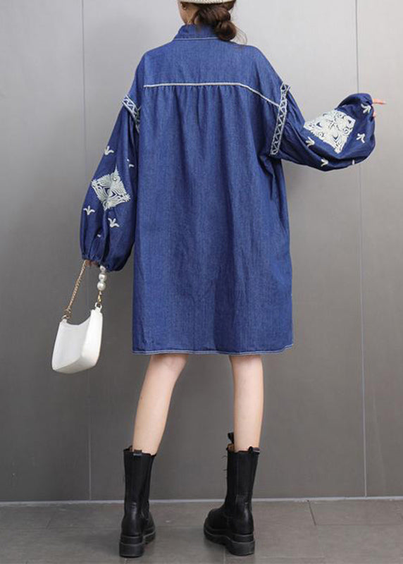 Blue Peter Pan Collar Embroidered Denin Long Shirts Lantern Sleeve