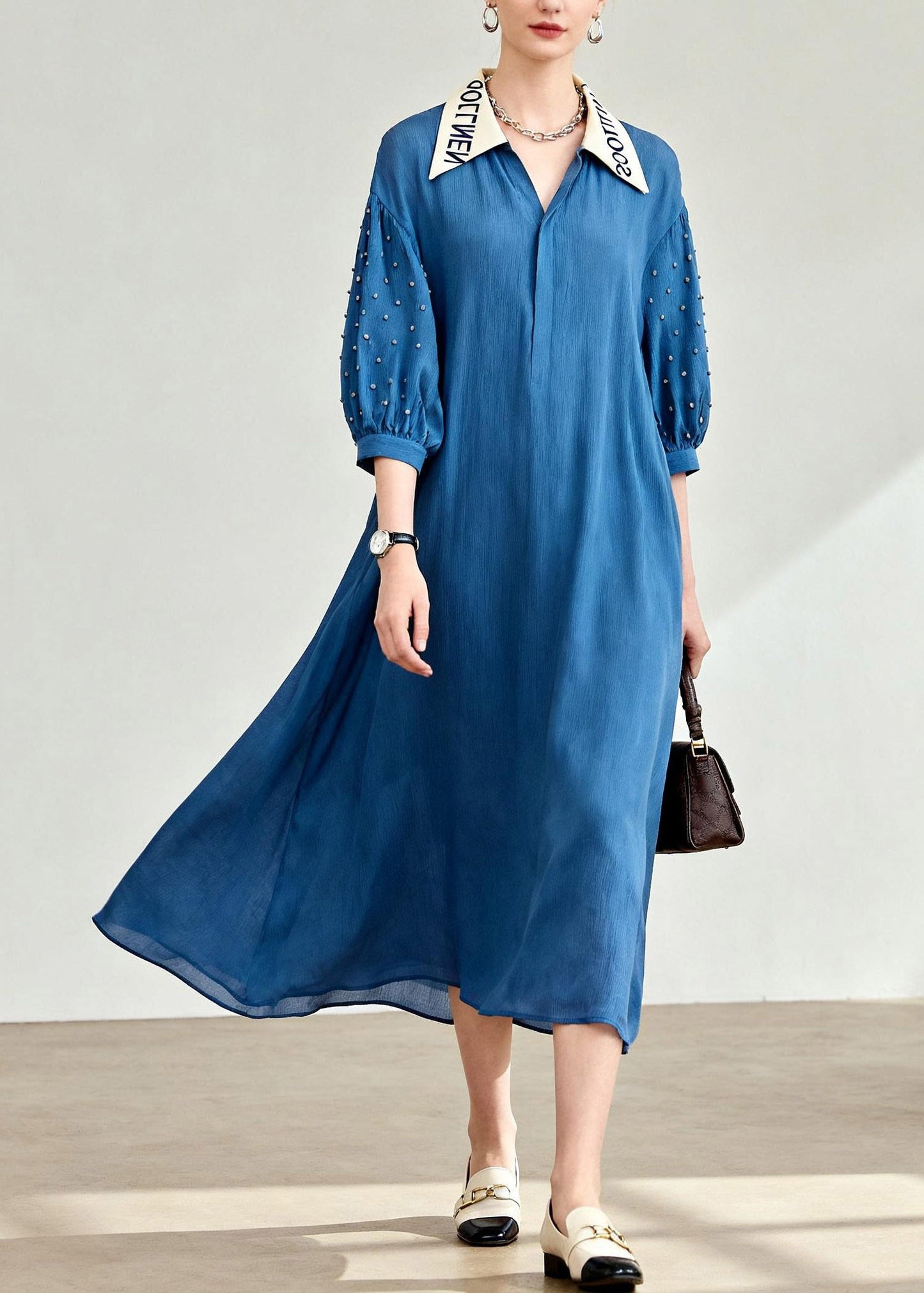 Blue Peter Pan Collar Patchwork Long Dress Lanter Sleeve
