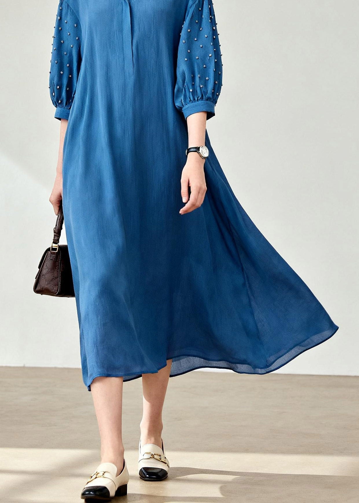 Blue Peter Pan Collar Patchwork Long Dress Lanter Sleeve