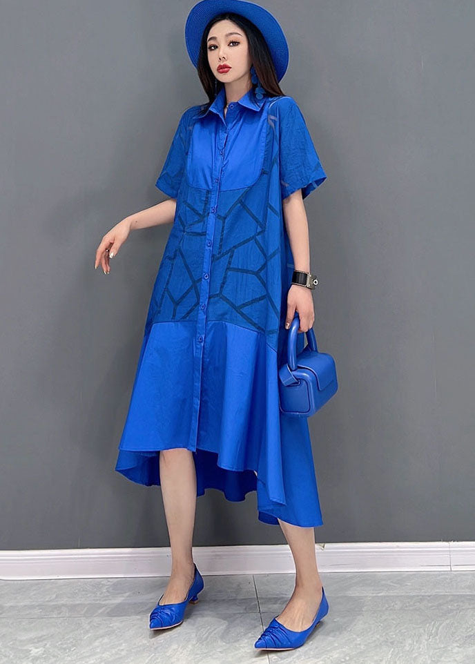 Blue Peter Pan Collar Patchwork Ruffles Low High Design Cotton Dress Short Sleeve