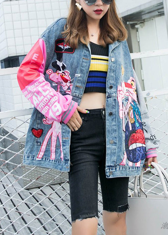 Blue Peter Pan Collar Pink Leopard Print Patchwork Sequins Button Denim Coat Long Sleeve
