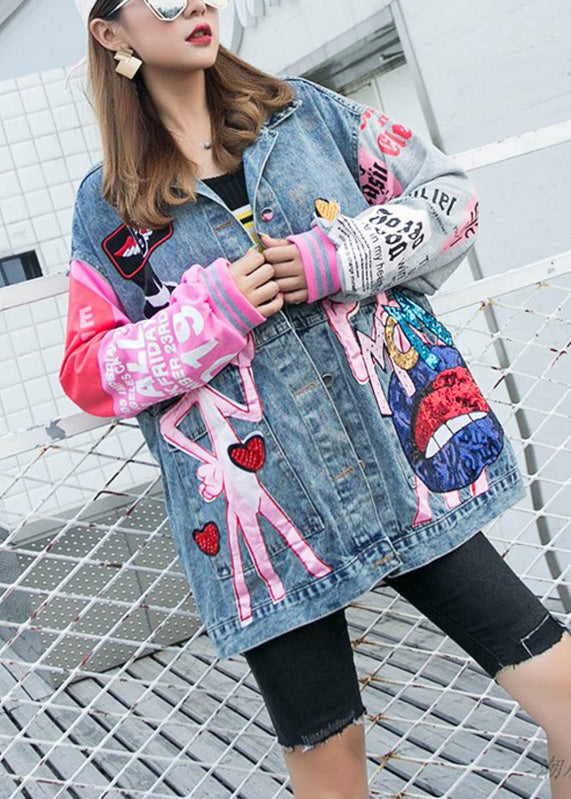 Blue Peter Pan Collar Pink Leopard Print Patchwork Sequins Button Denim Coat Long Sleeve