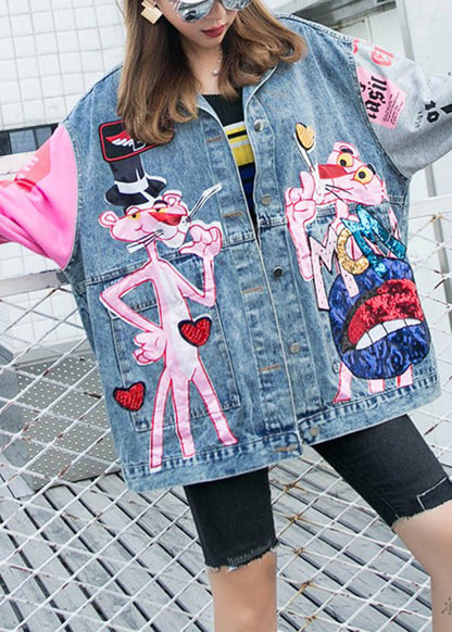 Blue Peter Pan Collar Pink Leopard Print Patchwork Sequins Button Denim Coat Long Sleeve