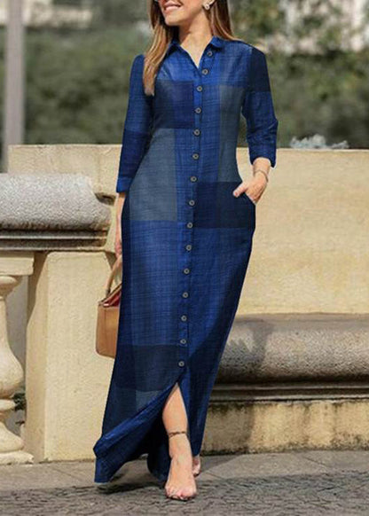 Blue Peter Pan Collar Plaid Button Maxi Shirt Dresses Spring